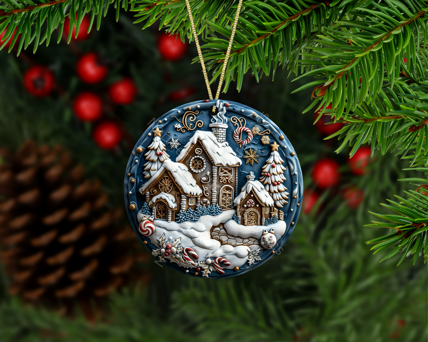 Gingerbread Cottages in Winter Christmas Ornament