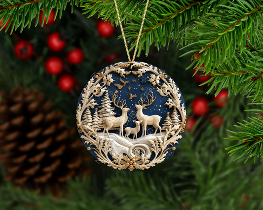 Peaceful Reindeer Family in Snow Christmas Ornament