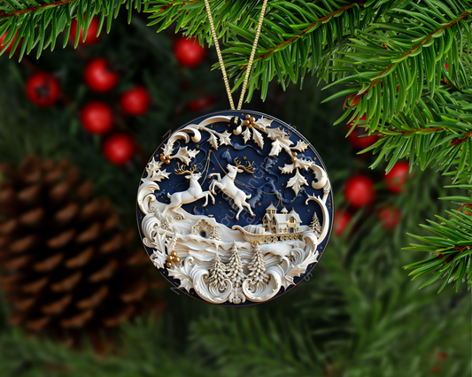 Enchanted Reindeer Sleigh Ride Christmas Ornament