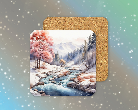 Winter River With Pink Trees Winter Square Coaster