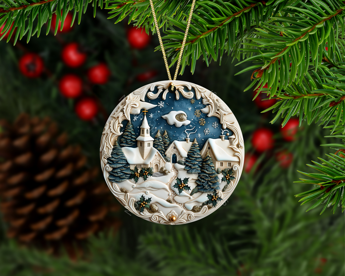 Snowy Chapel Village Christmas Ornament