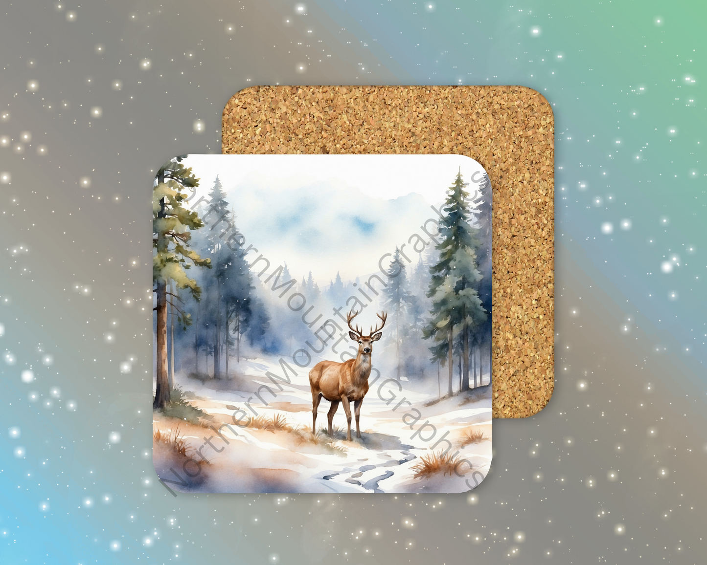 Deer in Misty Winter Forest Winter Square Coaster