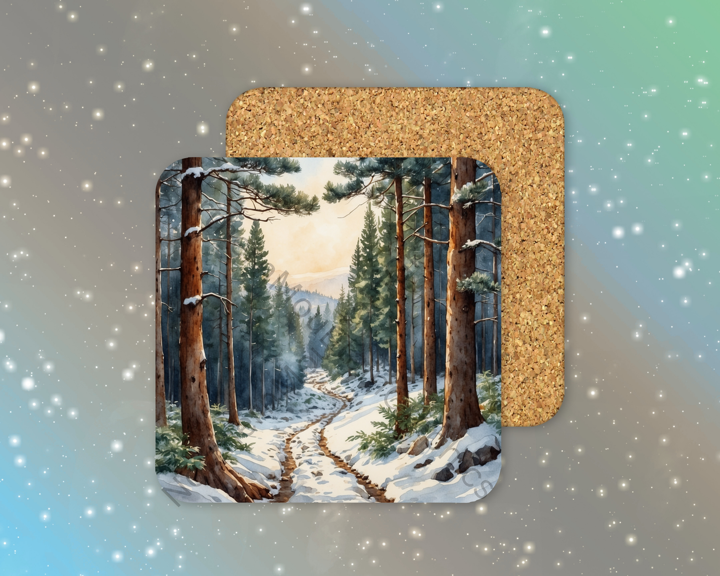 Winter Forest Path at Sunrise Winter Square Coaster